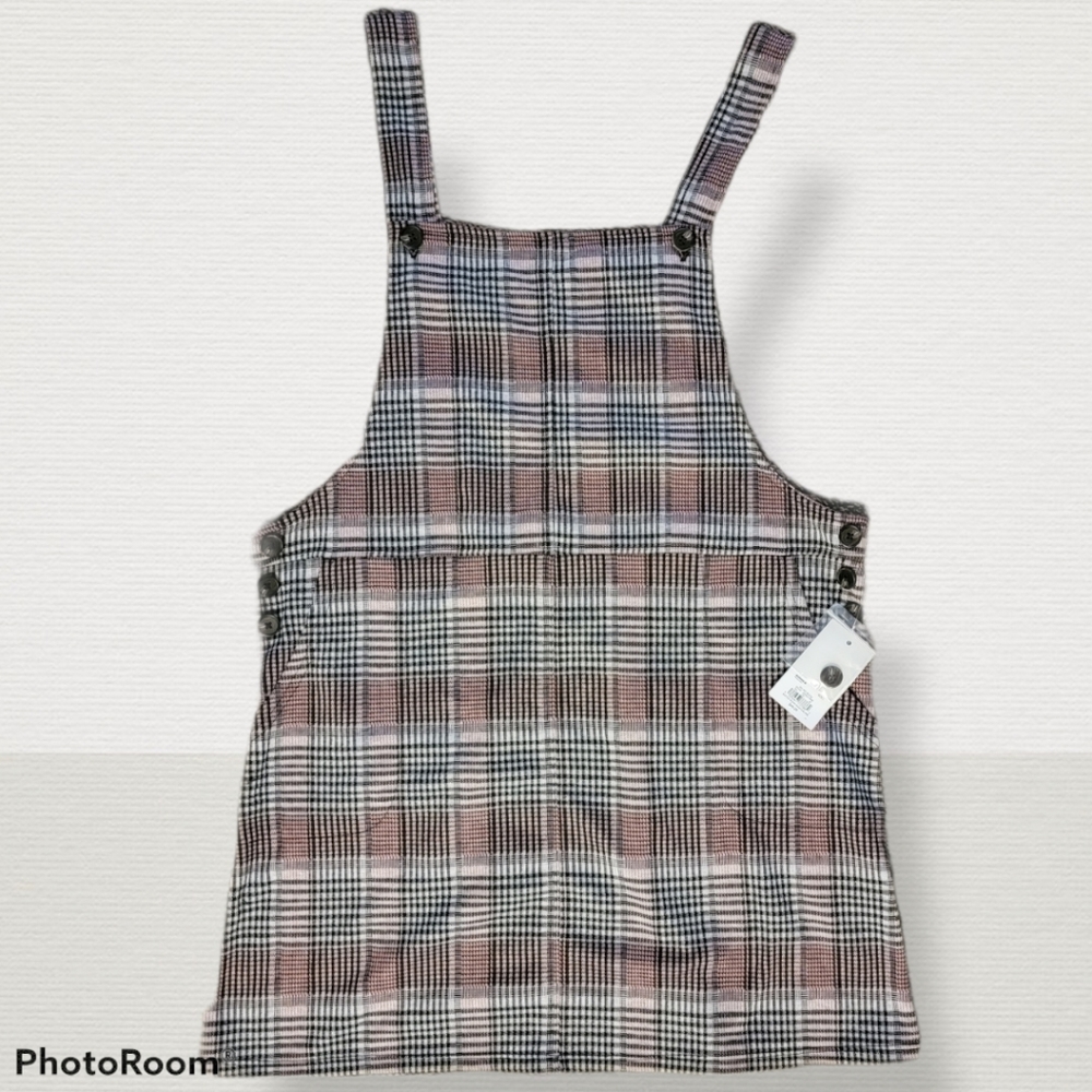 Asorable SO bib dress, pink & brown plaid, large
